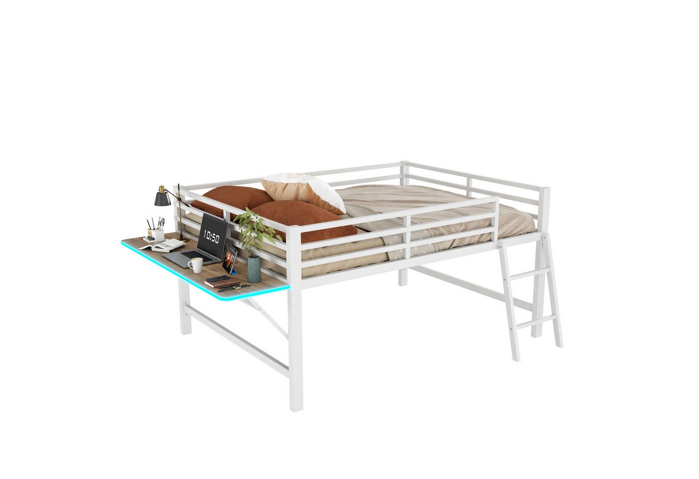 SOFTWEARY Hochbett mit Schreibtisch und LED-Beleuchtung (140x200 cm) Kinderbett mit Rausfallschutz und Leiter, Metallbett von SOFTWEARY