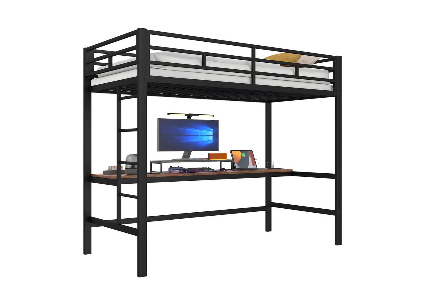 SOFTWEARY Hochbett mit Schreibtisch und LED-Beleuchtung (90x200 cm) Kinderbett mit Rausfallschutz, Metallbett von SOFTWEARY