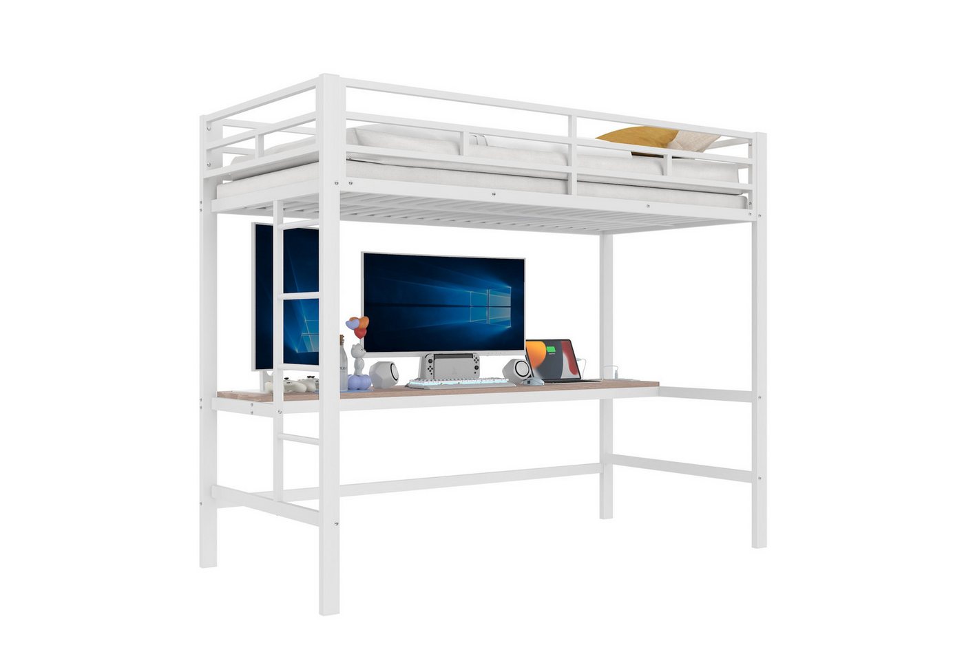 SOFTWEARY Hochbett mit Schreibtisch und LED-Beleuchtung (90x200 cm) Kinderbett mit Rausfallschutz, Metallbett von SOFTWEARY