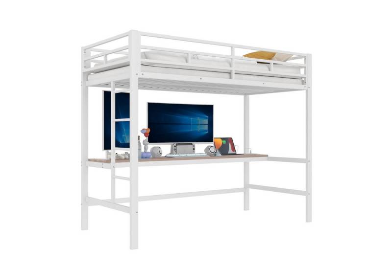 SOFTWEARY Hochbett mit Schreibtisch und LED-Beleuchtung (90x200 cm) Kinderbett mit Rausfallschutz, Metallbett von SOFTWEARY