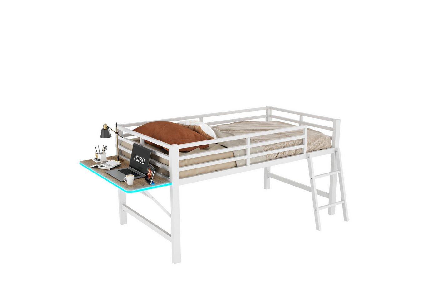 SOFTWEARY Hochbett mit Schreibtisch und LED-Beleuchtung (90x200 cm) Kinderbett mit Rausfallschutz und Leiter, Metallbett von SOFTWEARY
