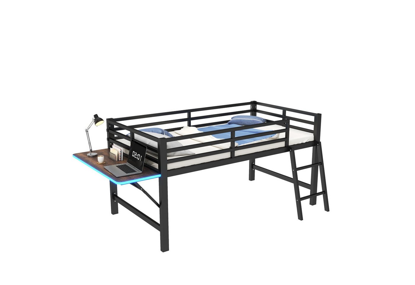 SOFTWEARY Hochbett mit Schreibtisch und LED-Beleuchtung (90x200 cm) Kinderbett mit Rausfallschutz und Leiter, Metallbett von SOFTWEARY
