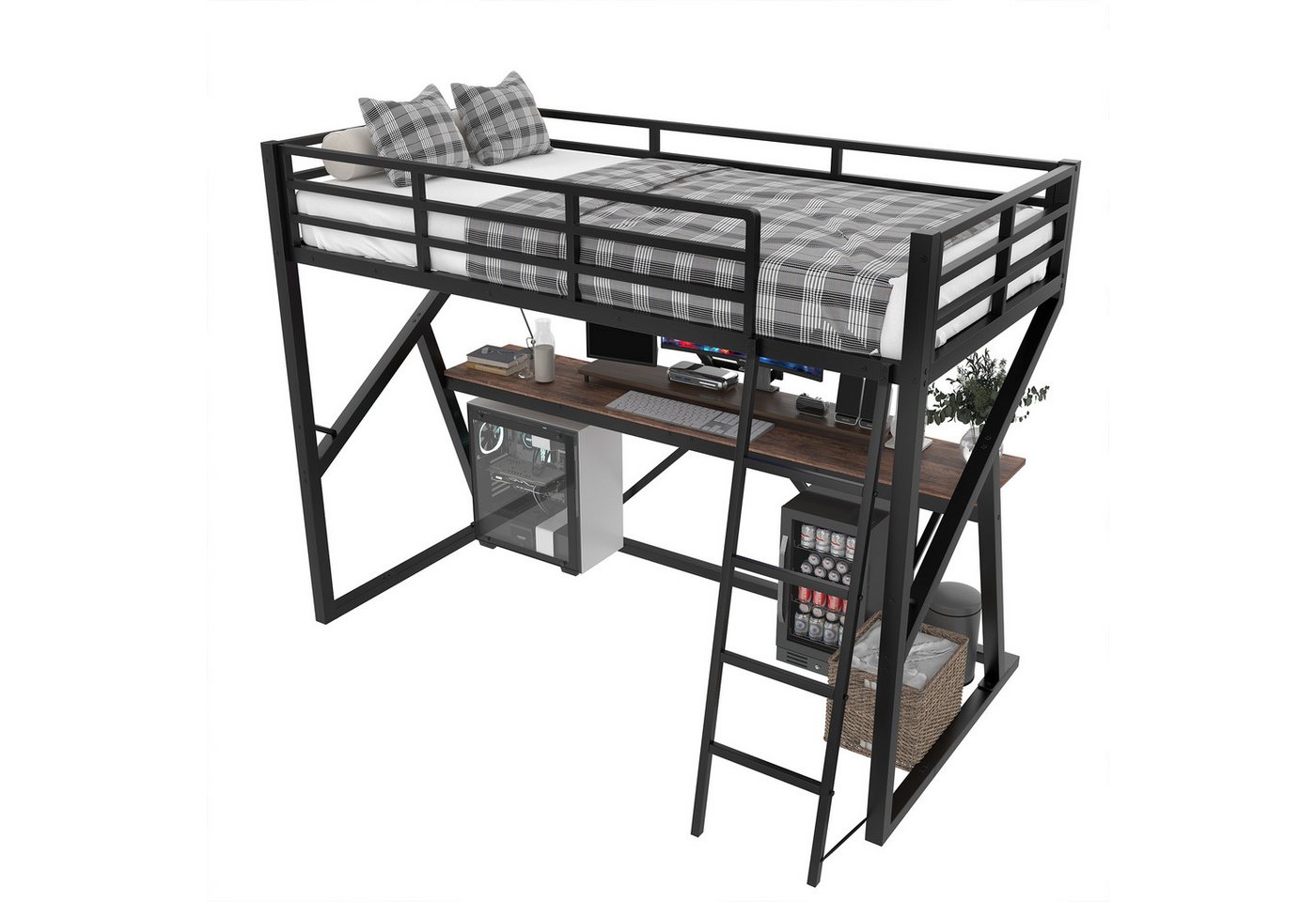SOFTWEARY Hochbett mit Schreibtisch und LED-Beleuchtung (90x200 cm) Metallbett mit Rausfallschutz, Jugendbett von SOFTWEARY