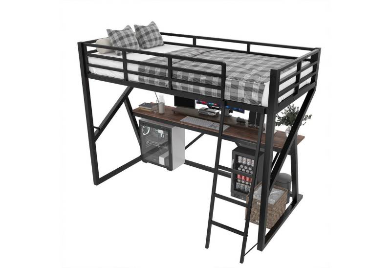 SOFTWEARY Hochbett mit Schreibtisch und LED-Beleuchtung (90x200 cm) Metallbett mit Rausfallschutz, Jugendbett von SOFTWEARY