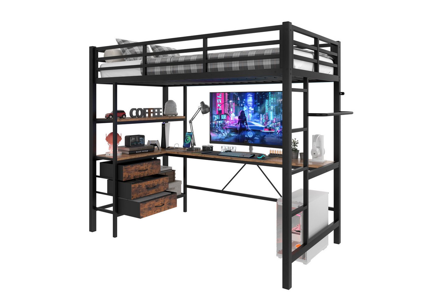 SOFTWEARY Hochbett mit Schreibtisch und LED-Beleuchtung (90x200 cm, Schubladen, Kleiderstange, Mehrfachsteckdose) Metallbett mit Rausfallschutz, Jugendbett von SOFTWEARY