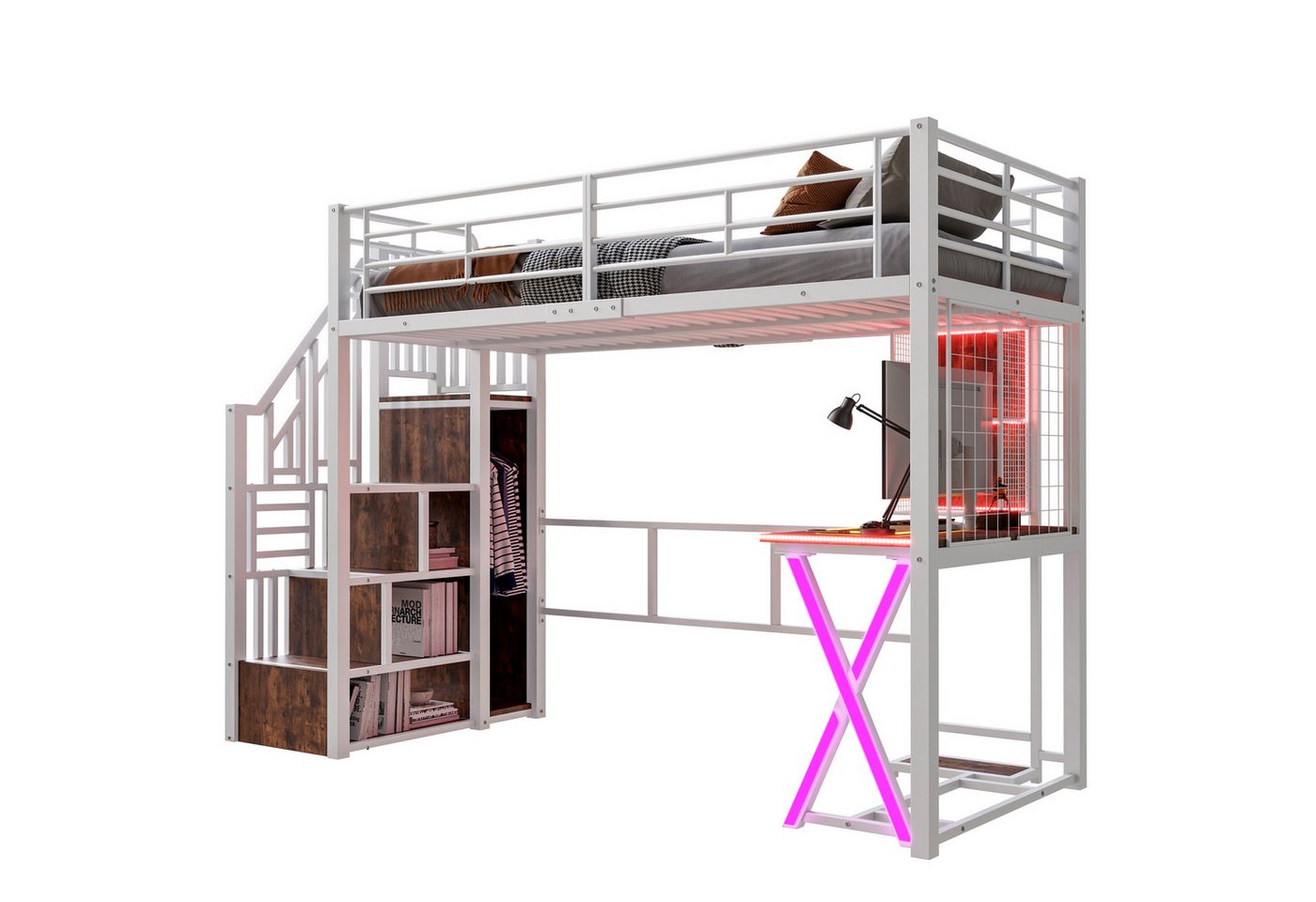 SOFTWEARY Hochbett mit Schreibtisch und LED-Beleuchtung (90x200 cm, Treppe mit Regal und Kleiderschrank) Kinderbett mit Rausfallschutz, Metallbett von SOFTWEARY