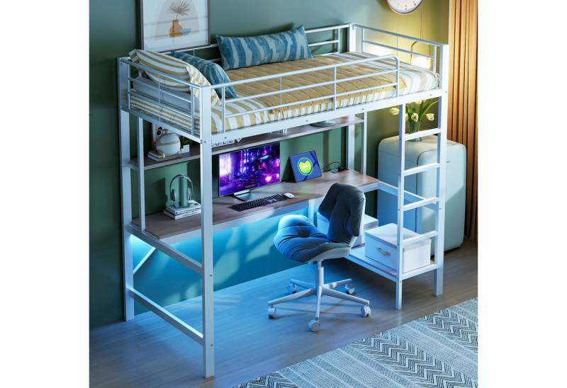SOFTWEARY Hochbett mit Schreibtisch und LED-Beleuchtung (mit USB Anschlüssen, Steckdosen und Regal, 90x200cm) Metallbett mit Rausfallschutz, Jugendbett von SOFTWEARY
