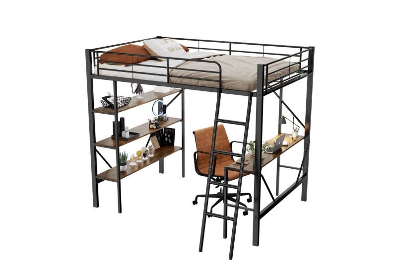 SOFTWEARY Hochbett mit Schreibtisch und Lattenrost (90x200 cm) Metallbett, Jugendbett von SOFTWEARY