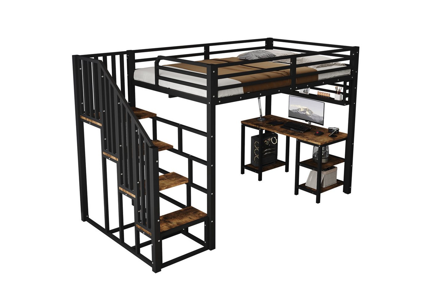 SOFTWEARY Hochbett mit Schreibtisch und Regal (120x200 cm) Kinderbett mit Rausfallschutz und Treppe, Metallbett von SOFTWEARY