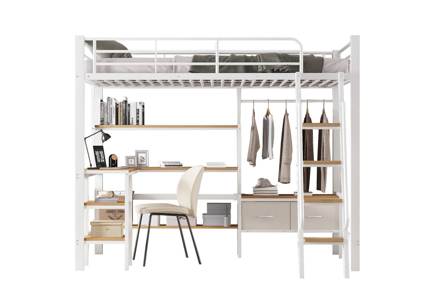 SOFTWEARY Hochbett mit Schreibtisch und Regal (90x200 cm) Kinderbett mit Rausfallschutz und Leiter, Metallbett von SOFTWEARY