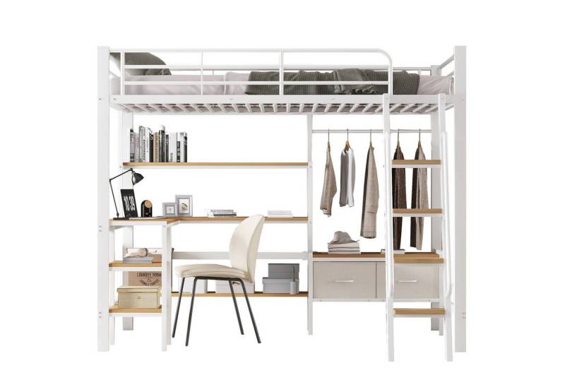 SOFTWEARY Hochbett mit Schreibtisch und Regal (90x200 cm) Kinderbett mit Rausfallschutz und Leiter, Metallbett von SOFTWEARY