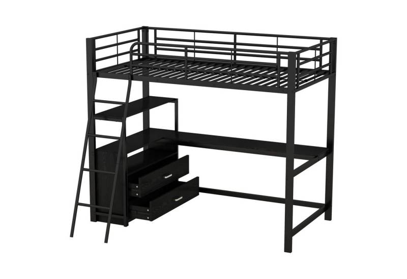 SOFTWEARY Hochbett mit Schreibtisch und Schubladen, 90x200 cm Metallbett mit Rausfallschutz, Jugendbett von SOFTWEARY