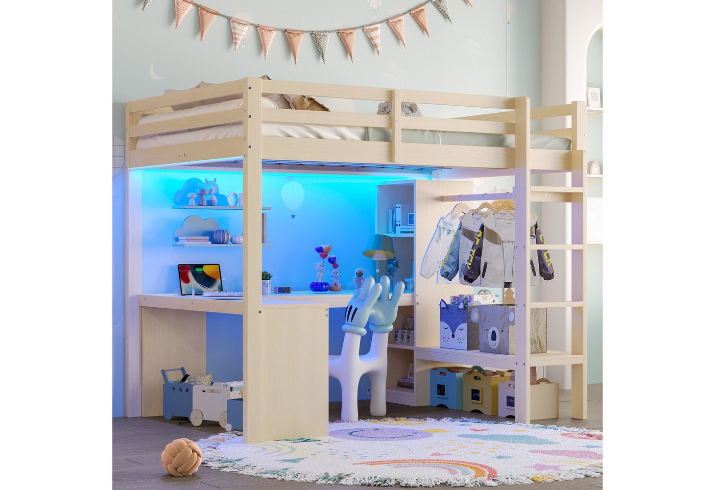 SOFTWEARY Hochbett mit Schreibtisch und Stauraum (140x200 cm, LED-Streifen, Lattenrost, Regal, Kleiderstange und Steckdosenleiste) Kinderbett mit Rausfallschutz, Holzbett von SOFTWEARY