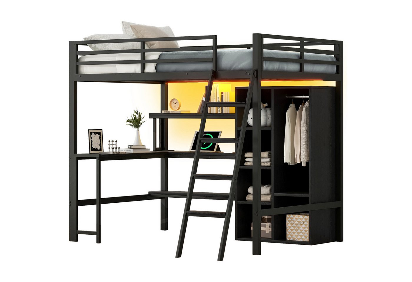 SOFTWEARY Hochbett mit Schreibtisch und Stauraum (140x200 cm, LED-Streifen, Lattenrost, Regal, Kleiderstange und Steckdosenleiste) Kinderbett mit Rausfallschutz, Metallbett von SOFTWEARY