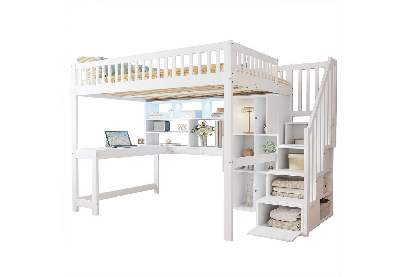 SOFTWEARY Hochbett mit Schreibtisch und Stauraum (140x200 cm, Regal, Schrank, Rausfallschutz und Treppe) Kinderbett, Jugendbett, Kiefer von SOFTWEARY