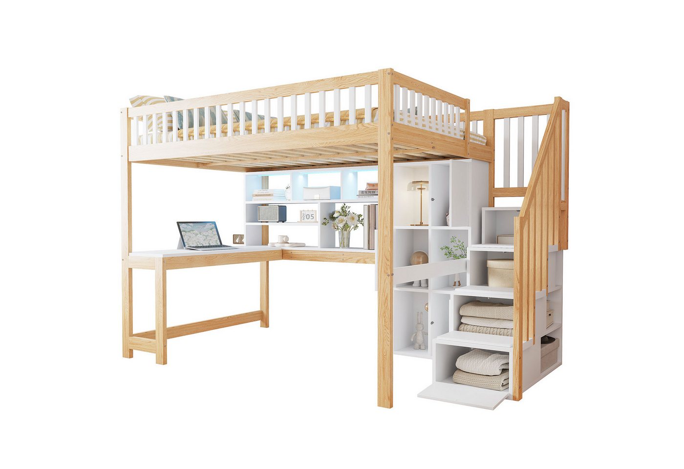 SOFTWEARY Hochbett mit Schreibtisch und Stauraum (140x200 cm, Regal, Schrank, Rausfallschutz und Treppe) Kinderbett, Jugendbett, Kiefer von SOFTWEARY