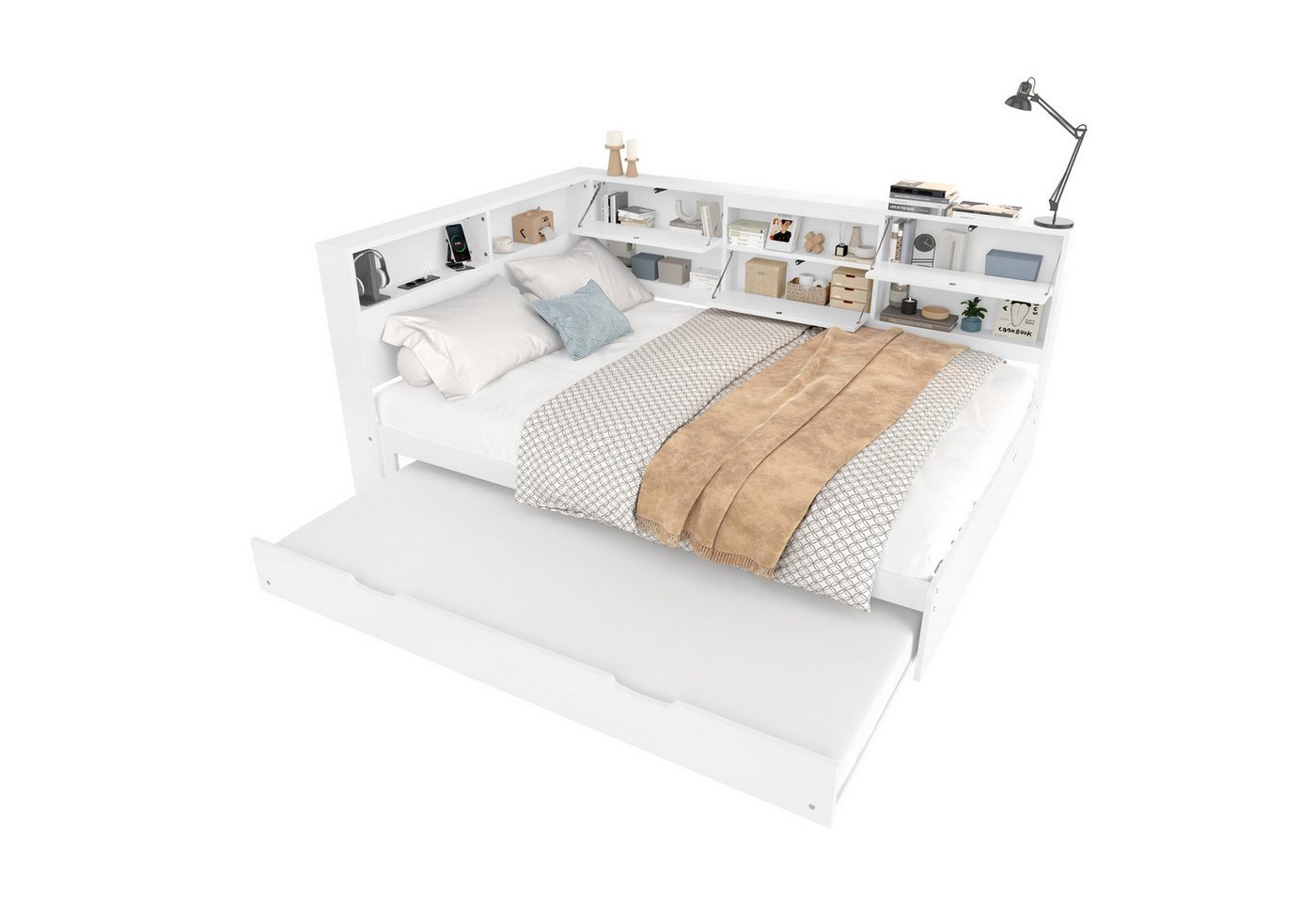 SOFTWEARY Holzbett mit Regal und Gästebett (Doppelbett mit Lattenrost und Mehrfachsteckdose), 140x200 cm, Jugendbett, Kiefer von SOFTWEARY