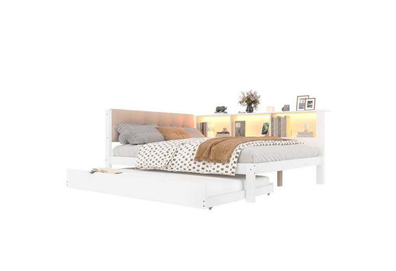 SOFTWEARY Holzbett mit gepolstertem Kopfteil und LED-Beleuchtung (140x200 cm, inkl. Lattenrost, Regal, Mehrfachsteckdose und Gästebett), Doppelbett, Jugendbett von SOFTWEARY