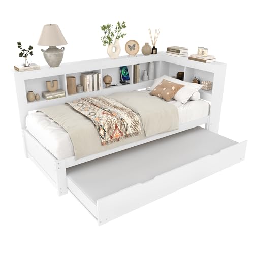 SOFTWEARY Jugendbett mit Lattenrost, Regal, USB Anschlüssen und Steckdosen, Einzelbett, Holzbett (mit Gästebett, 90x200 cm) von SOFTWEARY