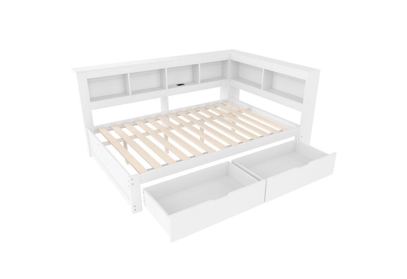 SOFTWEARY Jugendbett mit Lattenrost und Regal (Schubladen, USB Anschlüssen und Steckdosen, 140x200 cm), Doppelbett, Holzbett, Stauraumbett von SOFTWEARY