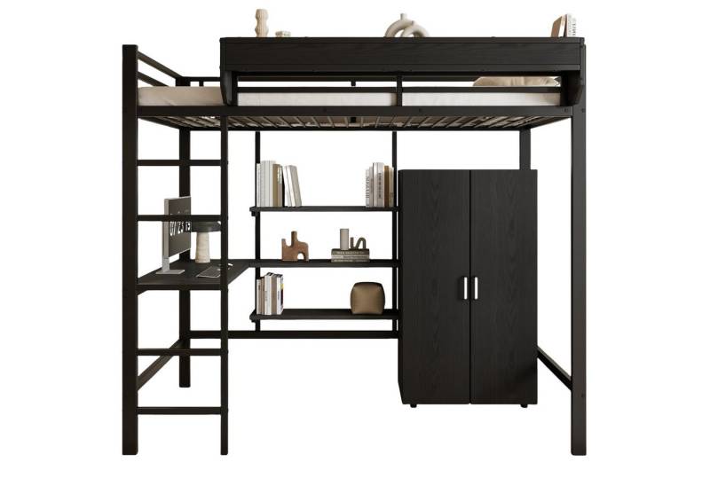 SOFTWEARY Hochbett mit Schreibtisch und Kleiderschrank (90x200 cm) Metallbett mit Rausfallschutz, Jugendbett von SOFTWEARY