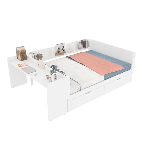 SOFTWEARY Jugendbett mit Schubladen, Lattenrost und Schreibtisch, 140x200 cm, Doppelbett mit Regal, Kinderbett (weiß, 140x200) von SOFTWEARY