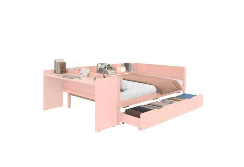 SOFTWEARY Jugendbett mit Schubladen, Lattenrost und Schreibtisch (140x200 cm), Doppelbett, Holzbett von SOFTWEARY
