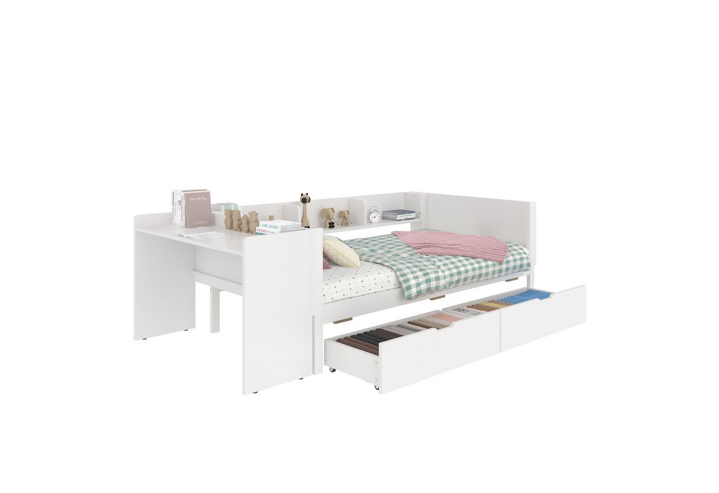 SOFTWEARY Jugendbett mit Schubladen, Lattenrost und Schreibtisch (90x200 cm), Einzelbett, Holzbett von SOFTWEARY
