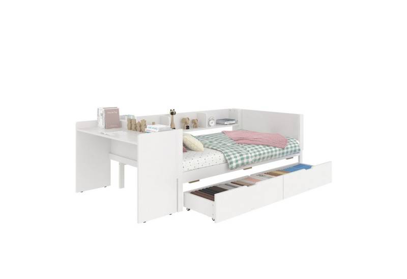 SOFTWEARY Jugendbett mit Schubladen, Lattenrost und Schreibtisch (90x200 cm), Einzelbett, Holzbett von SOFTWEARY