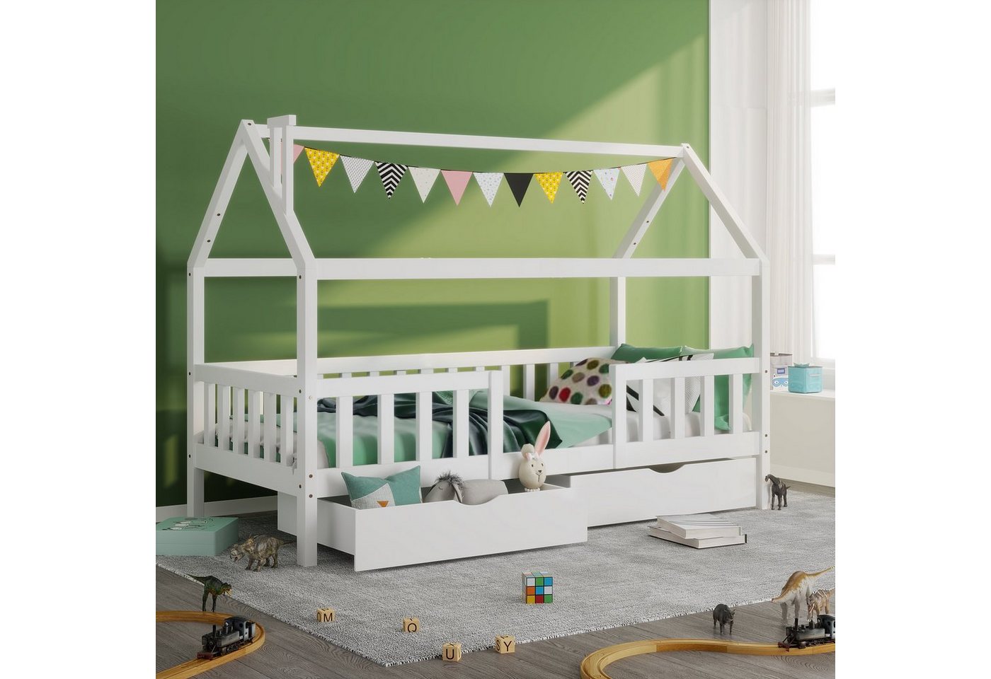 SOFTWEARY Kinderbett (Hausbett mit 2 Schubladen und Lattenrost, 90x200 cm), Einzelbett inkl. Rausfallschutz, Kiefer von SOFTWEARY