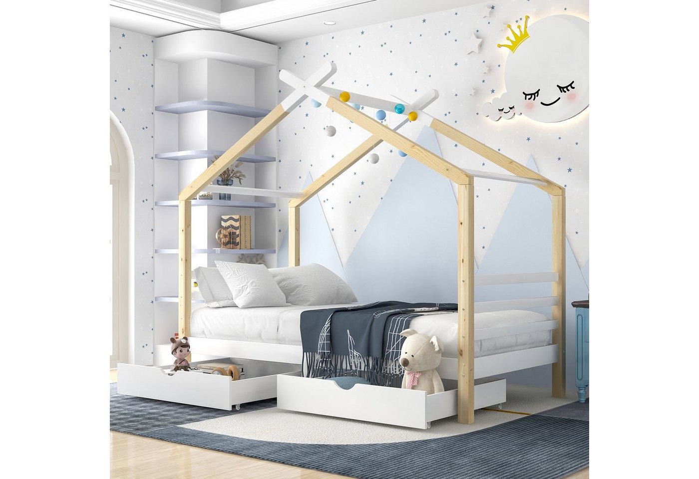 SOFTWEARY Kinderbett (Hausbett mit 2 Schubladen und Rollrost, 90x200 cm), Holzbett aus Kiefer, Einzelbett von SOFTWEARY