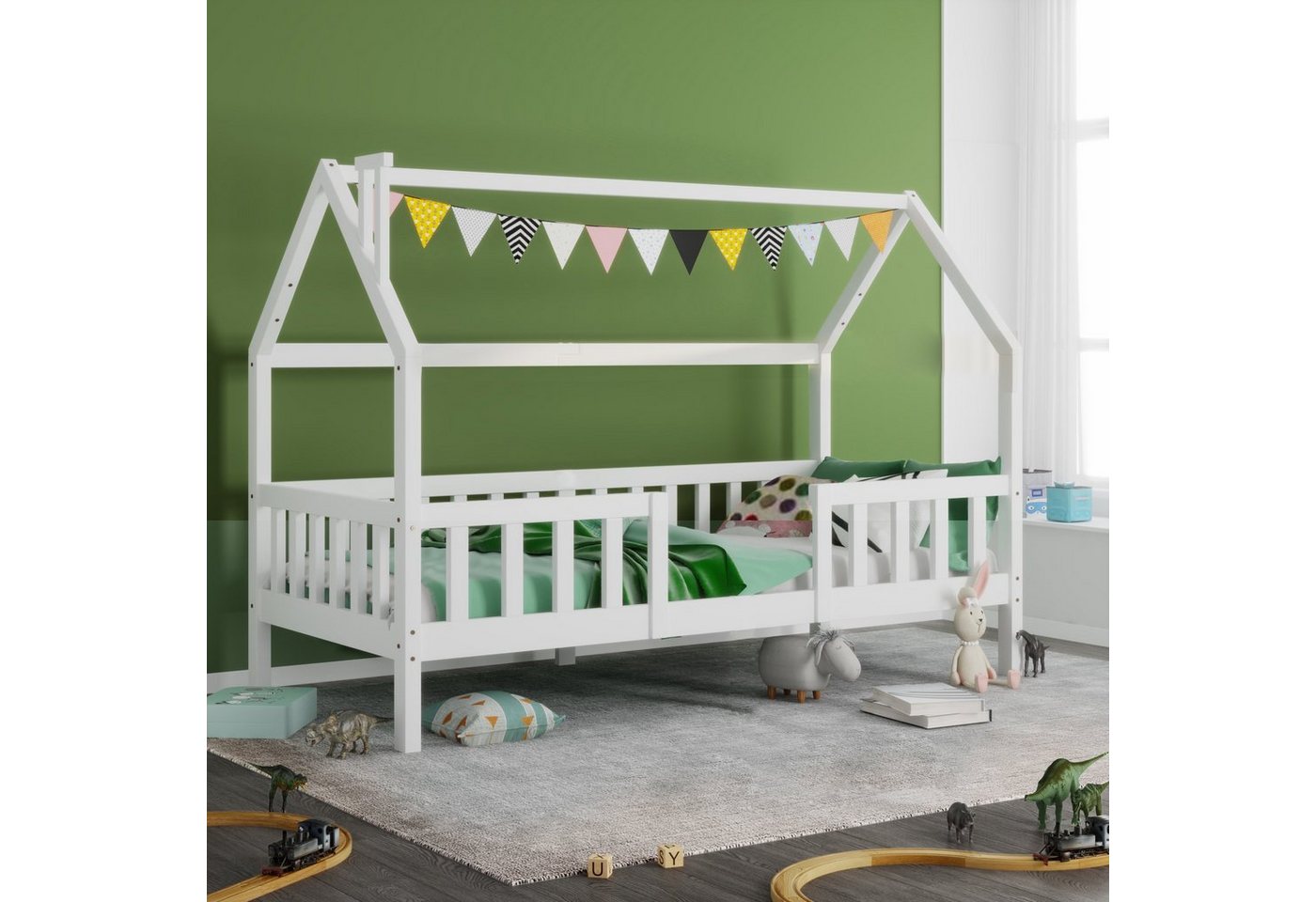 SOFTWEARY Kinderbett (Hausbett mit Lattenrost, 90x200 cm), Einzelbett inkl. Rausfallschutz, Kiefer von SOFTWEARY