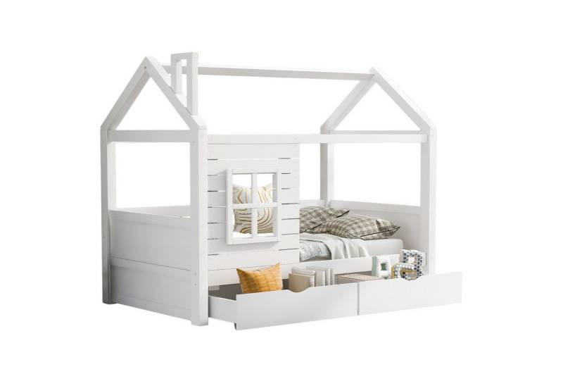 SOFTWEARY Kinderbett Hausbett mit 2 Schubladen und Lattenrost (90x200 cm), Einzelbett mit Rausfallschutz, Kiefer von SOFTWEARY