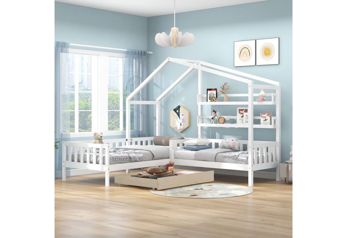 SOFTWEARY Kinderbett Hausbett mit 2. Schlafgelegenheit und Lattenrost (90x200cm/70x140cm), Kiefer von SOFTWEARY