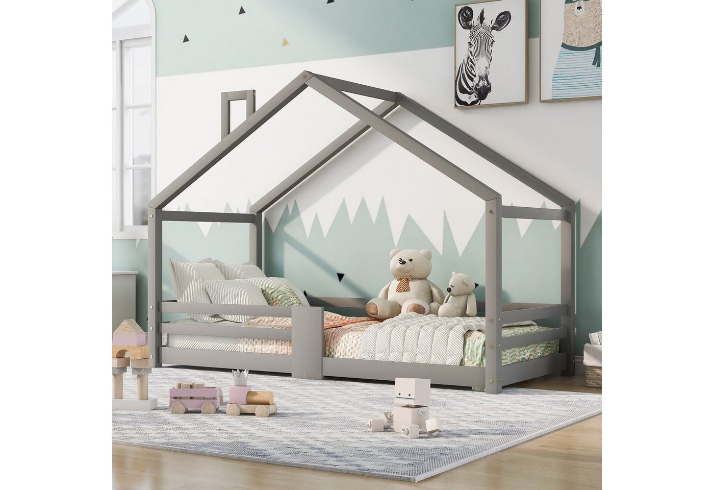 SOFTWEARY Kinderbett Hausbett mit Lattenrost (90x200 cm), Einzelbett mit Rausfallschutz, Kiefer von SOFTWEARY