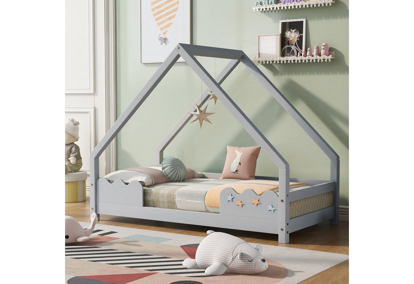 SOFTWEARY Kinderbett Hausbett mit Rollrost (80x160 cm), Holzbett aus Kiefer, Einzelbett von SOFTWEARY
