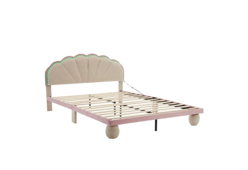 SOFTWEARY Kinderbett mit LED-Beleuchtung (140 x 200 cm), Polsterbett mit Kopfteil und Lattenrost, Jugendbett, Samt von SOFTWEARY