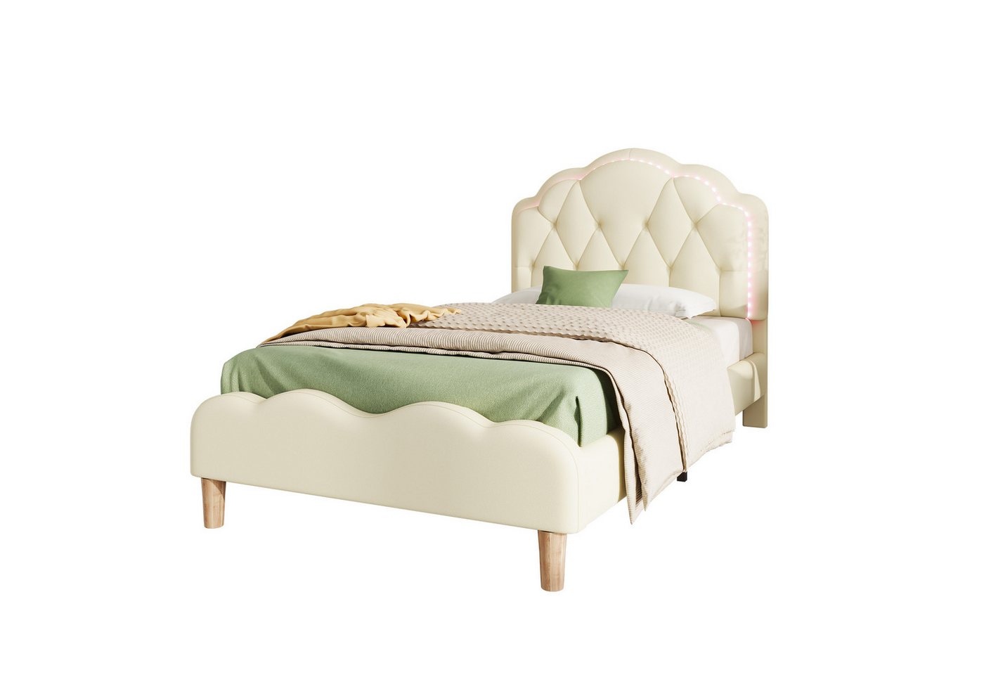 SOFTWEARY Polsterbett mit LED-Beleuchtung (90x200 cm), gepolsterter Kopfteil, Einzelbett, Kunstleder von SOFTWEARY