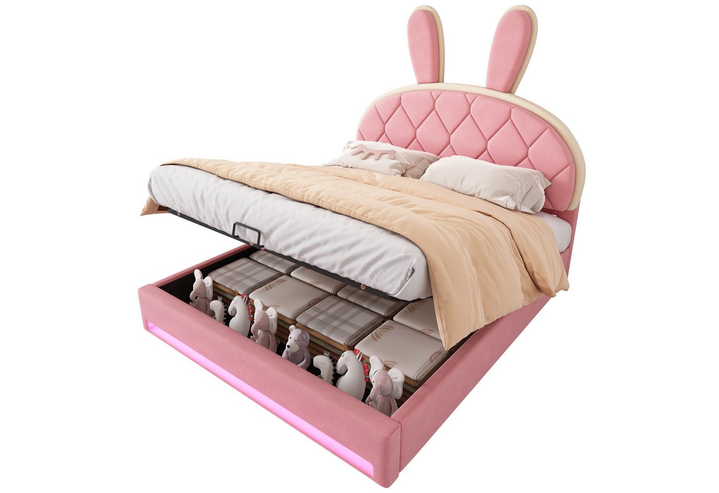 SOFTWEARY Kinderbett mit LED-Beleuchtung und Stauraum (140 x 200 cm), Polsterbett mit Kopfteil und Lattenrost, Jugendbett, Samt von SOFTWEARY