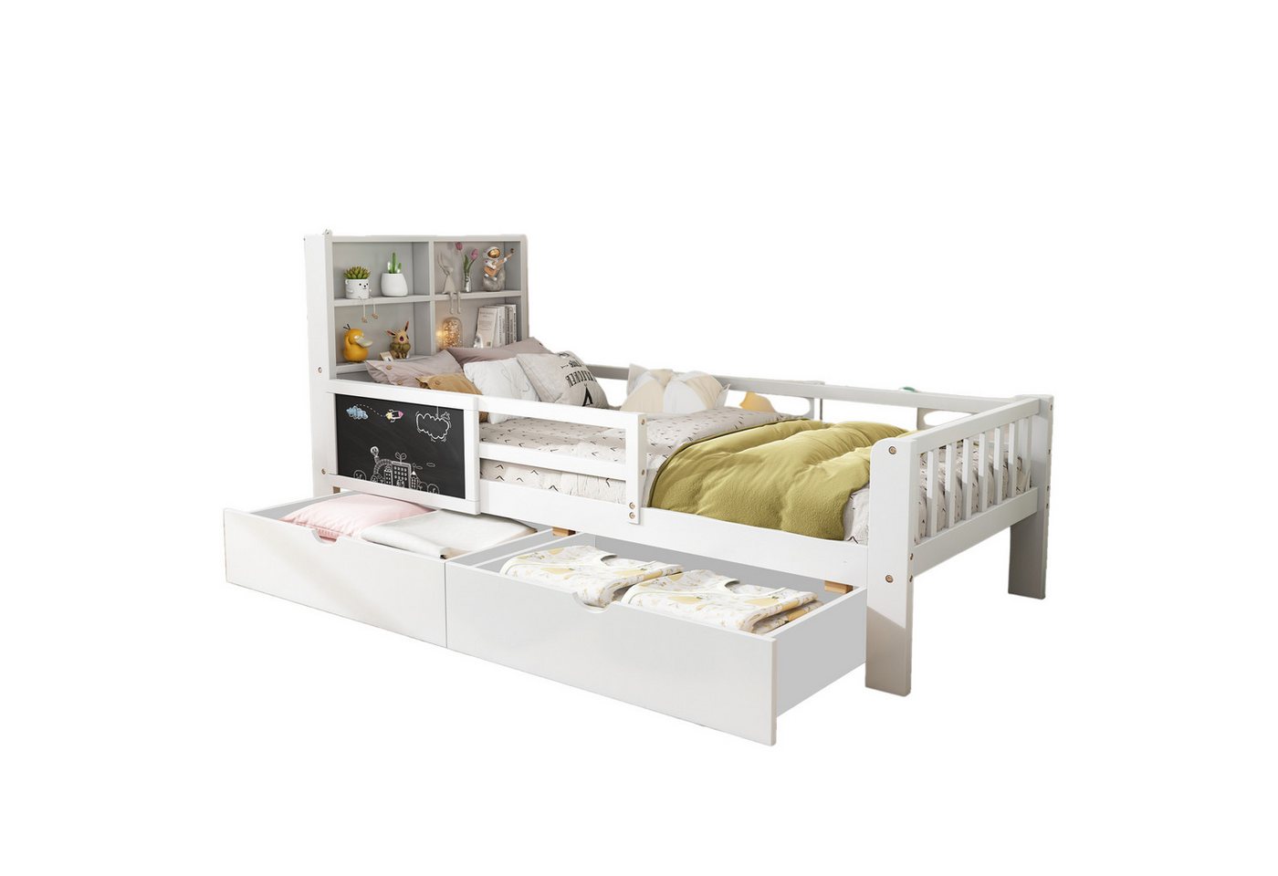 SOFTWEARY Kinderbett mit Lattenrost und Schubladen, 90x200 cm, Jugendbett mit Rausfallschutz, Kiefer von SOFTWEARY
