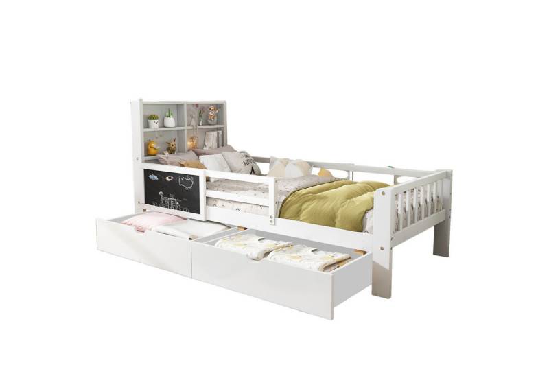 SOFTWEARY Kinderbett mit Lattenrost und Schubladen, 90x200 cm, Jugendbett mit Rausfallschutz, Kiefer von SOFTWEARY