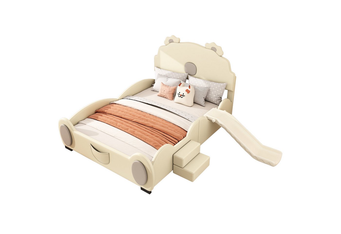 SOFTWEARY Kinderbett mit Rutsche (140x200 cm), Rückenlehne und Kopfteil gepolstert, Doppelbett, Kunstleder von SOFTWEARY