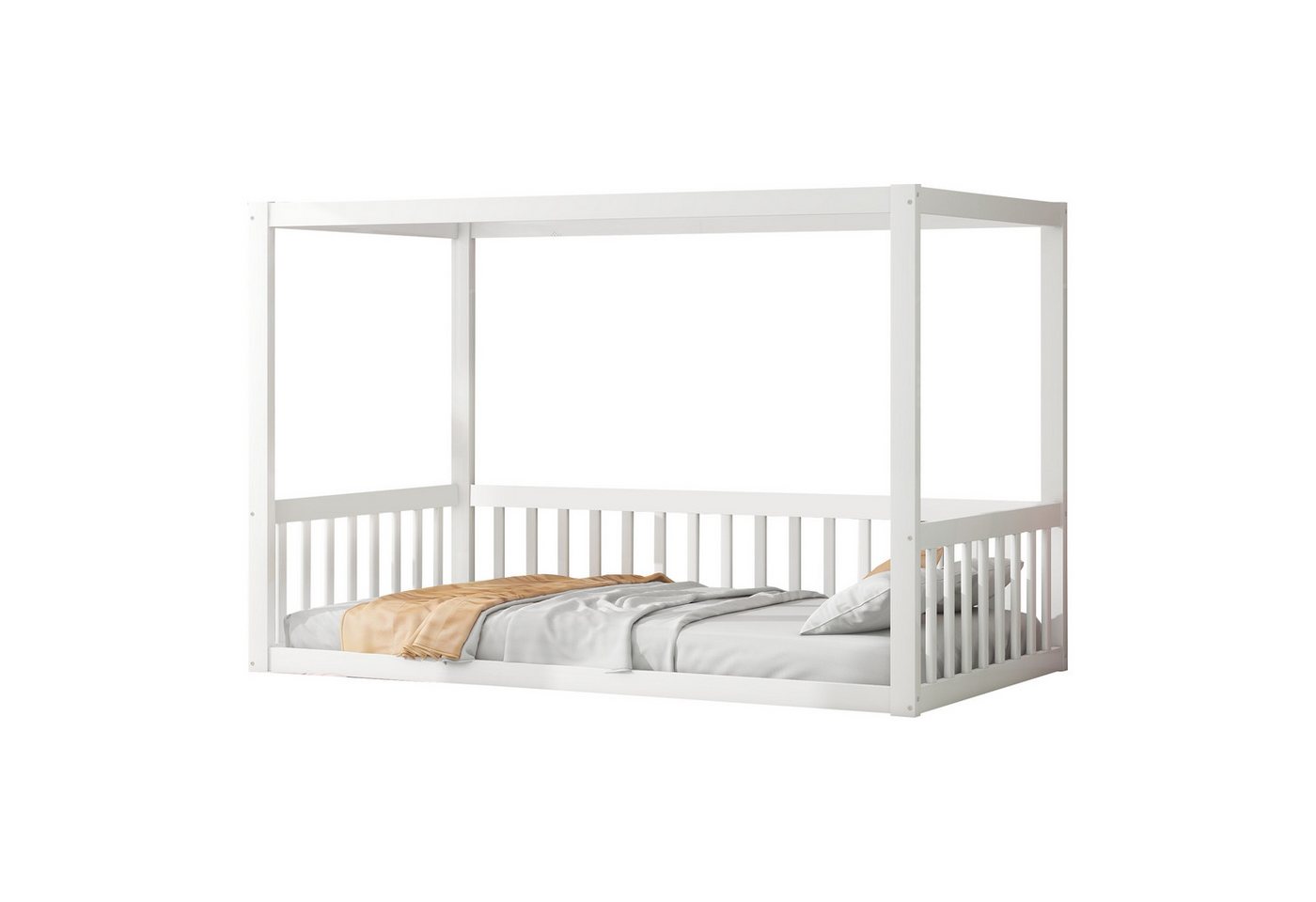 SOFTWEARY Kinderbett mit Zaun (90x200 cm), Himmelbett ohne Lattenrost, Einzelbett aus Holz, Kiefer von SOFTWEARY