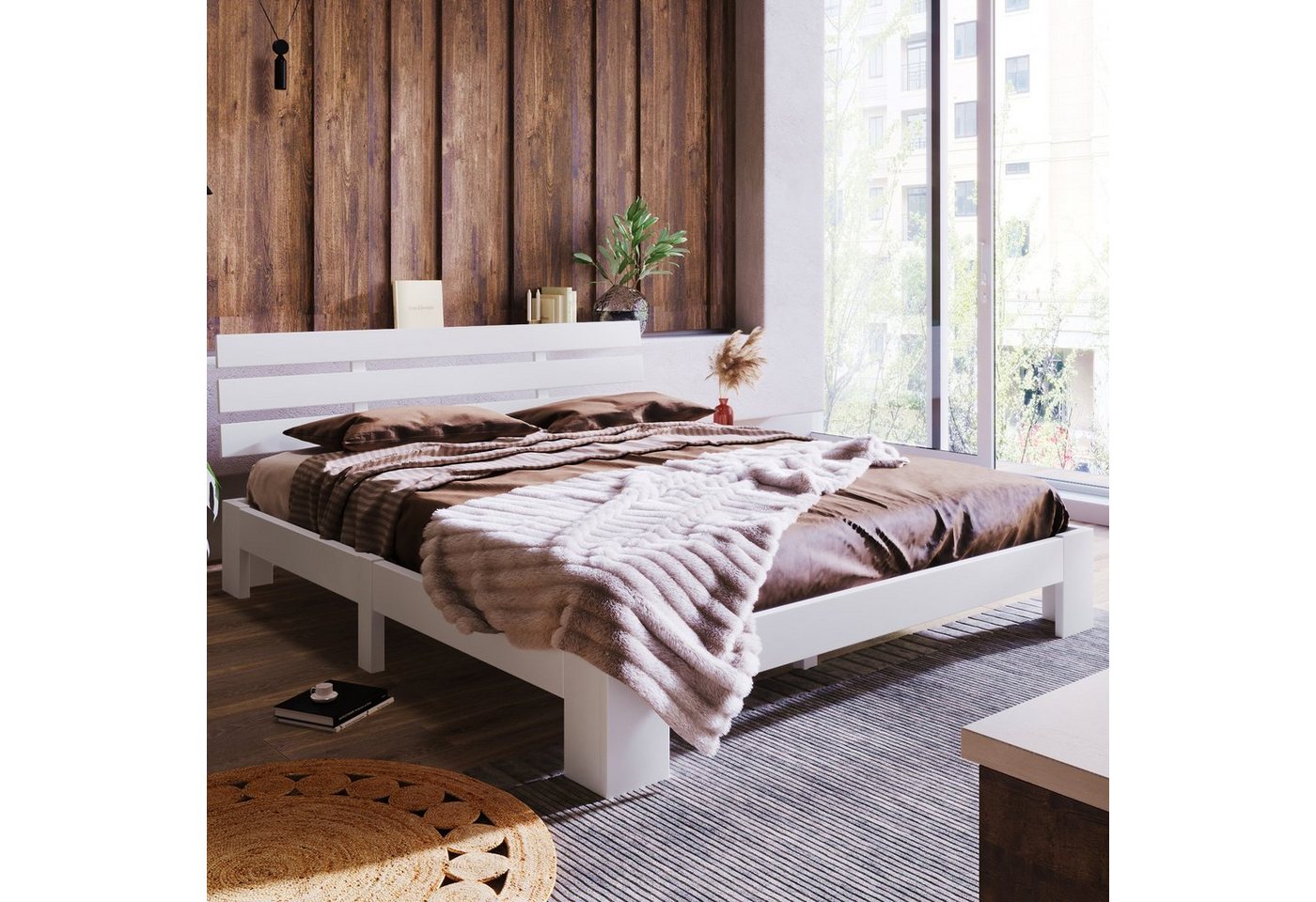 SOFTWEARY Massivholzbett (Holzbett mit Kopfteil und Lattenrost, 140x200 cm), Doppelbett aus Kieferholz von SOFTWEARY