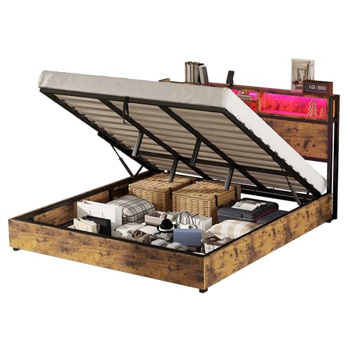 SOFTWEARY Massivholzbett mit LED-Beleuchtung, Doppelbett mit Lattenrost und Stauraum, Bettgestell aus Metall (braun, 180x200 cm) von SOFTWEARY