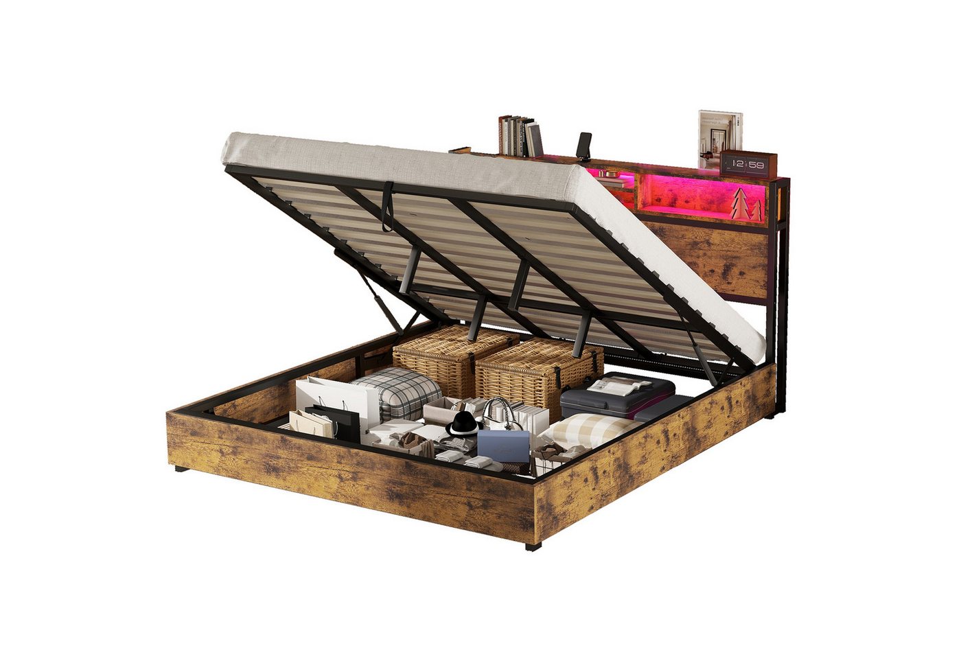 SOFTWEARY Massivholzbett mit LED-Beleuchtung (mit Lattenrost und Stauraum, 180x200 cm), Doppelbett, Bettgestell aus Metall von SOFTWEARY