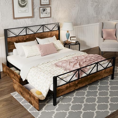 SOFTWEARY Metallbett mit 2 Schubladen, Lattenrost und Kopfteil, Doppelbett, Jugendbett (schwarz, 140x200 cm) von SOFTWEARY