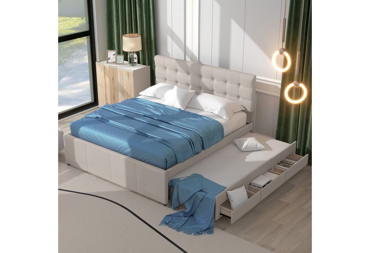 SOFTWEARY Polsterbett (Doppelbett mit 2. Schlafgelegenheit, Lattenrost und Schubladen, 140x200 cm), Kopfteil höhenverstellbar, Leinen von SOFTWEARY