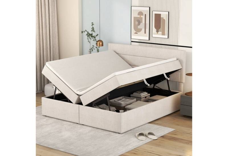 SOFTWEARY Polsterbett (Doppelbett mit Kopfteil, Lattenrost und Bettkasten, 140x200 cm), Leinen von SOFTWEARY