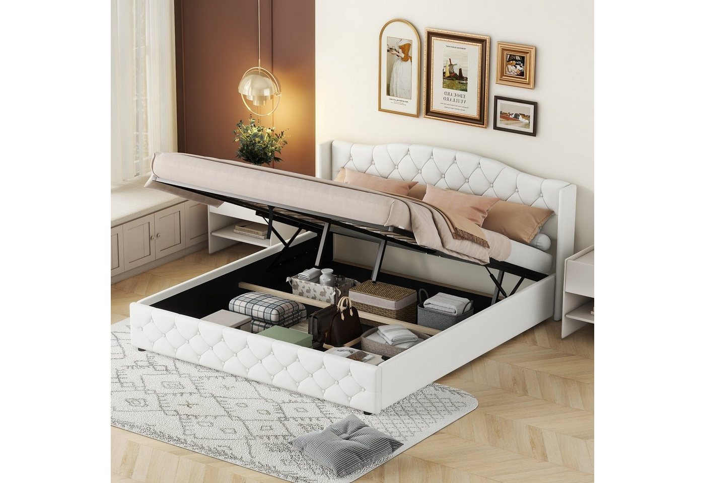 SOFTWEARY Polsterbett (Doppelbett mit Lattenrost und Bettkasten, 180x200 cm), gepolsterter Kopfteil mit seitlichen Ohren, Leinen von SOFTWEARY